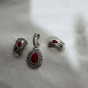 Premier Designs Teardrop Red Cabochon Silver Earrings with Red Highlights